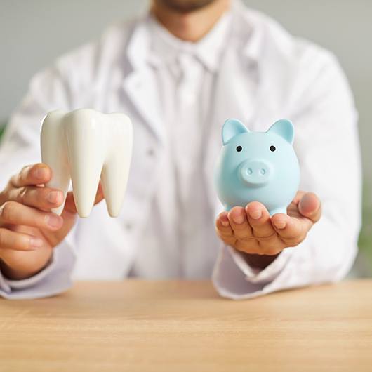 Dentist holding blue piggy bank and large model tooth