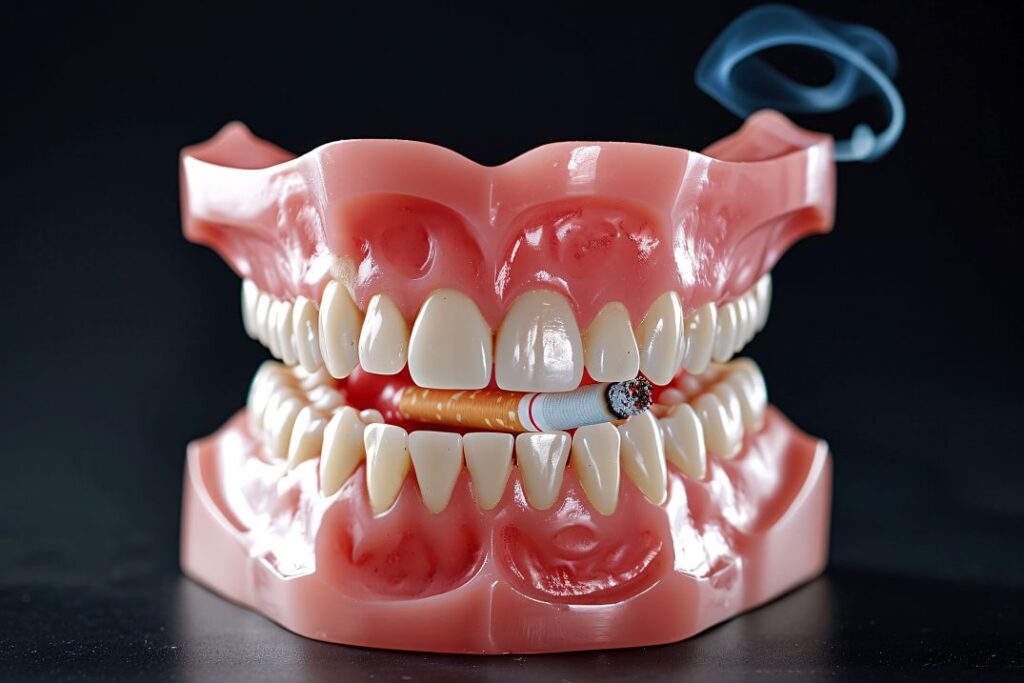 A pair of dentures smoking a cigarette